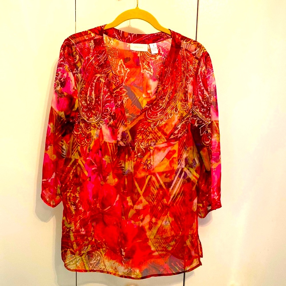 Chicos long lightweight top in pretty shades of pink. Translucent/ deep V neck